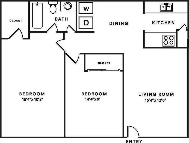 2 Bedroom 1 Bath 152 floor plan